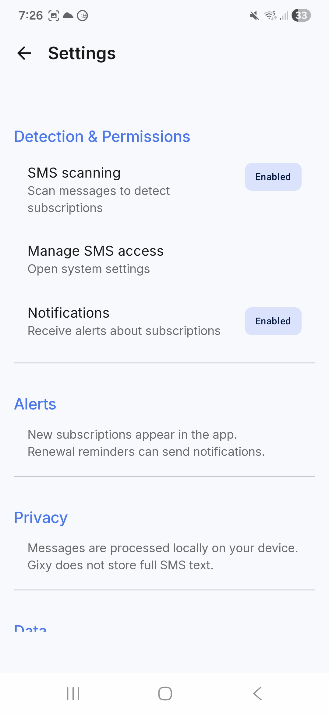 Gixy privacy settings screen