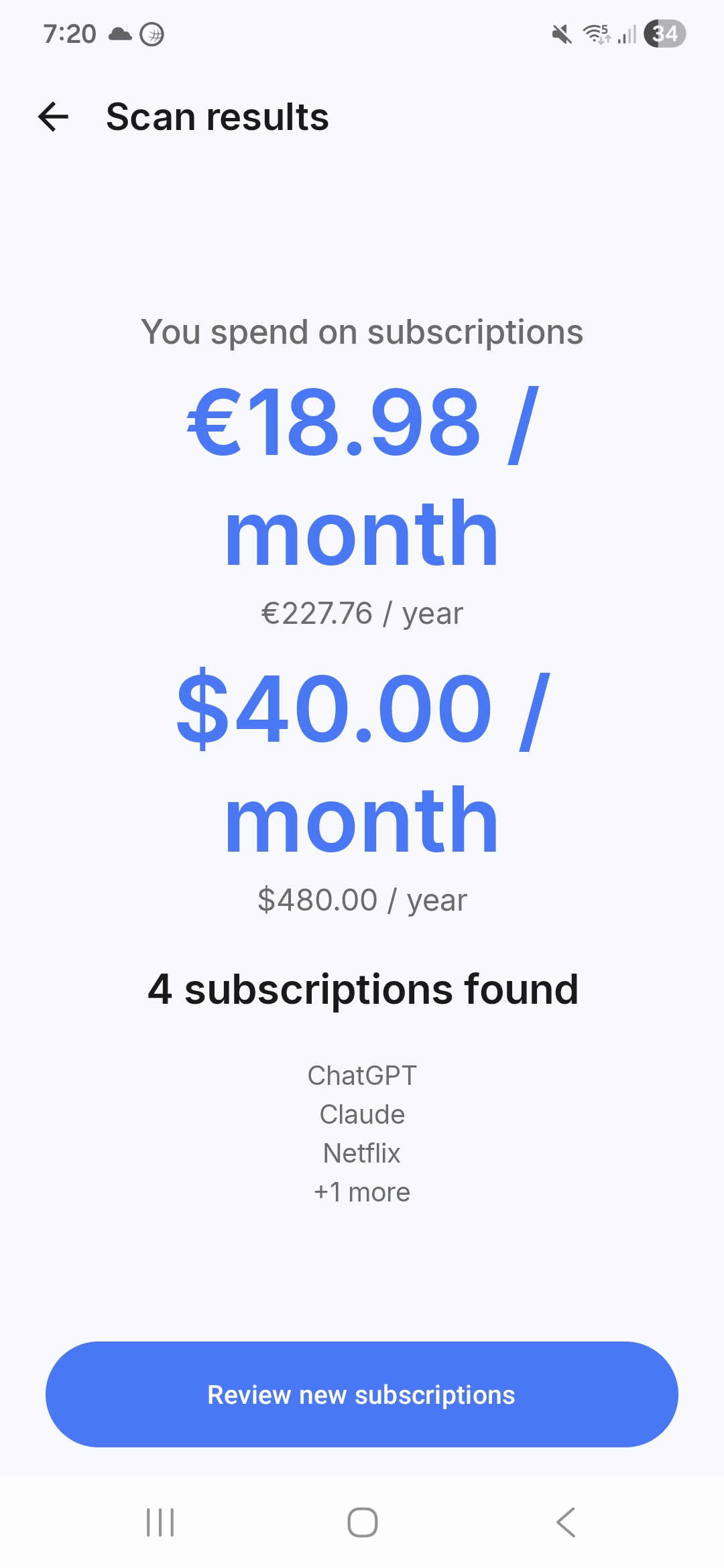 Gixy subscription totals screen showing monthly and yearly cost